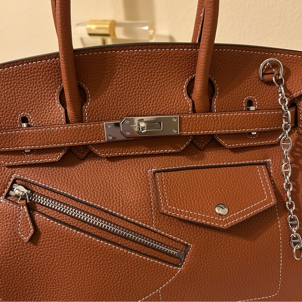 30cm Round Top Handle Front Pockets Satchel Brown - Picture 5 of 8